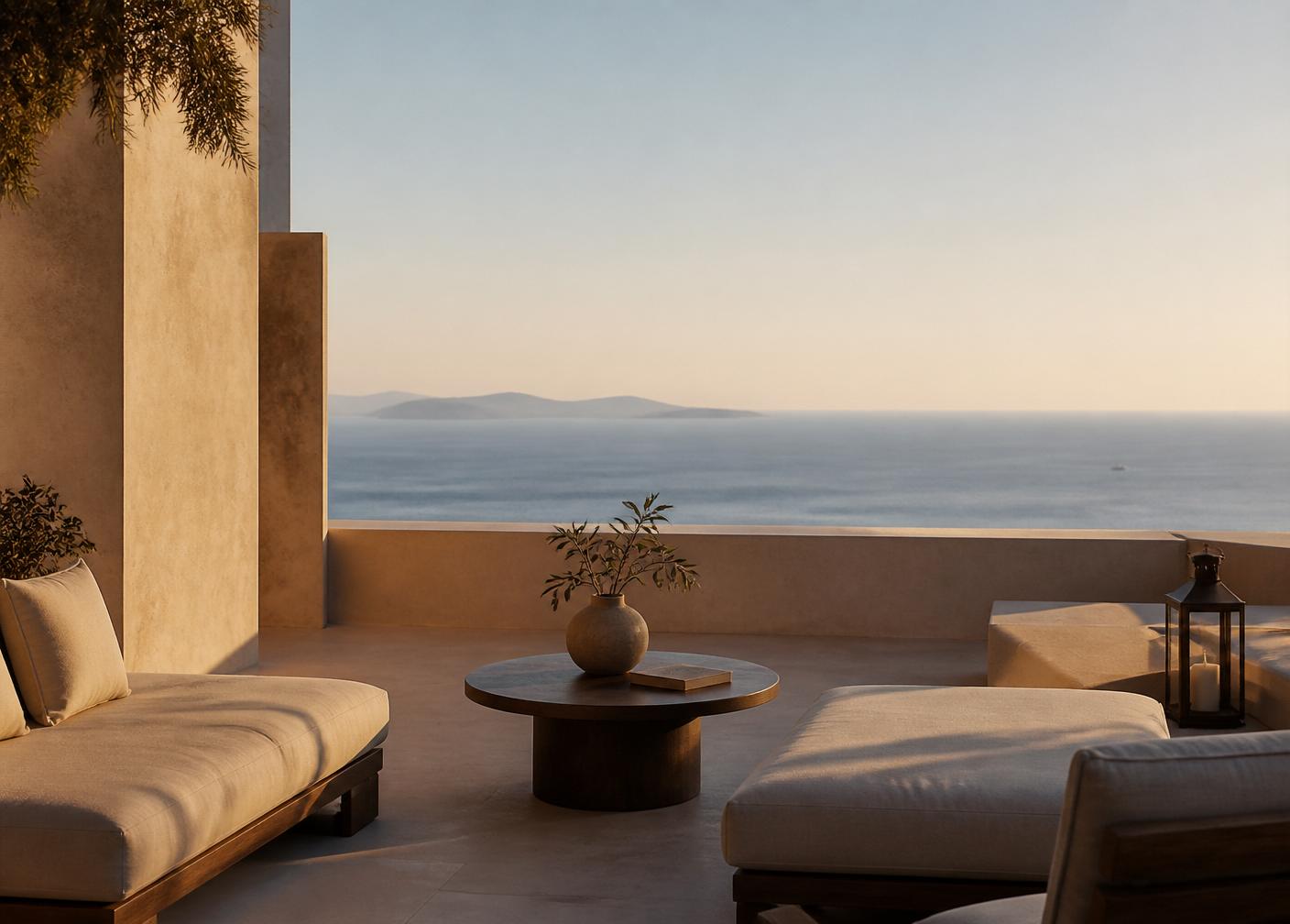Hotel terrace overlooking the sea at golden hour