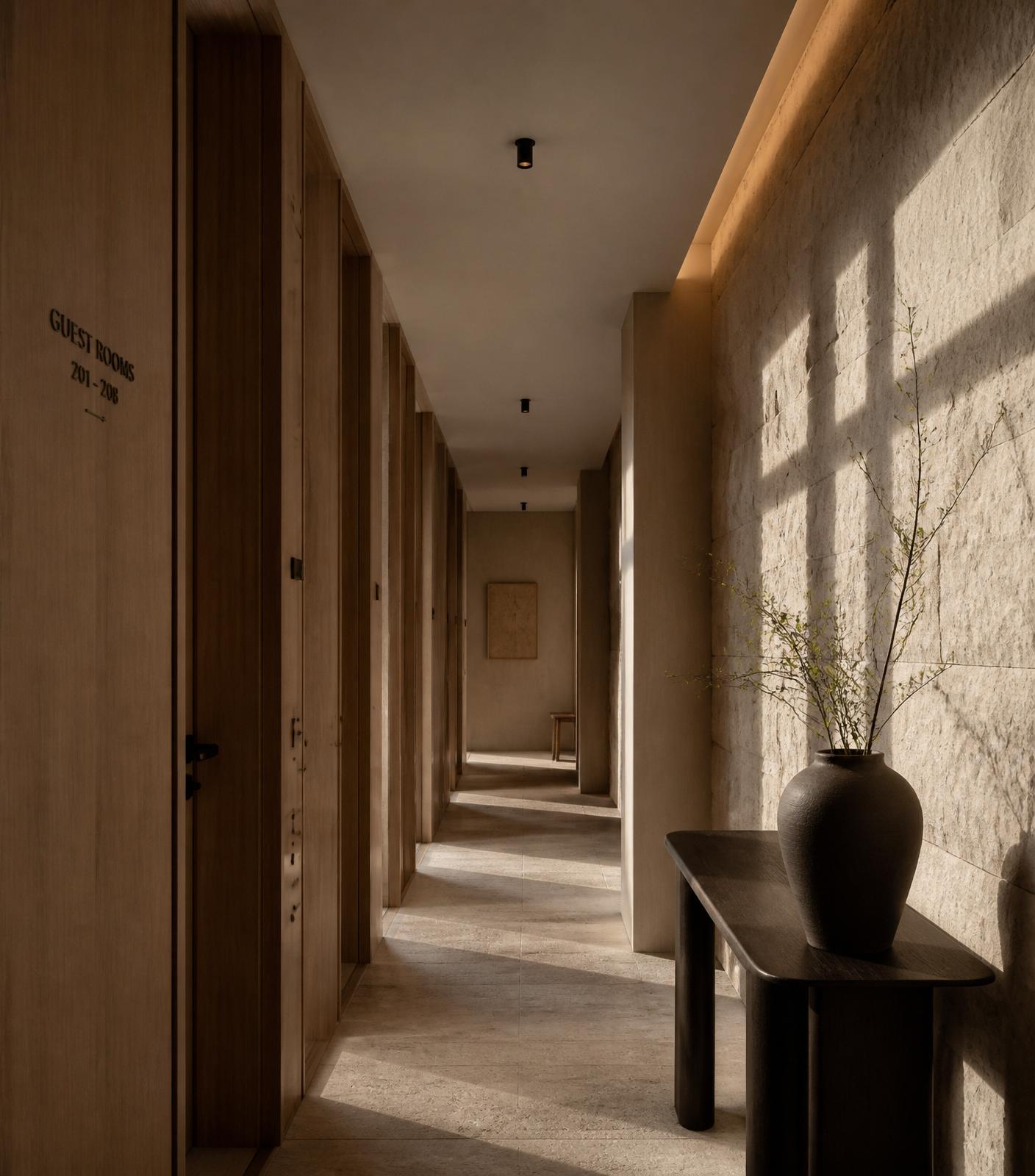 Warm minimal boutique hotel corridor